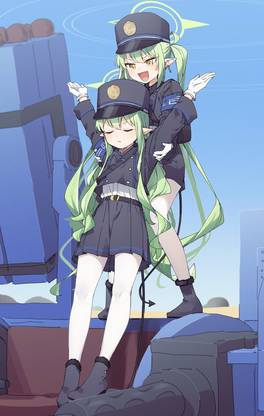 2girls absurdres armband arms_up black_hat black_tail blue_archive blue_armband buttons closed_eyes demon_tail double-breasted fang full_body gloves green_hair green_halo halo hat highres hikari_(blue_archive) lifting_person long_hair missile_pod multiple_girls nozomi_(blue_archive) pantyhose peaked_cap pleated_skirt pointy_ears siblings skin_fang skirt standing tail train_conductor twins twintails white_gloves white_pantyhose yukie_(kusaka_shi)