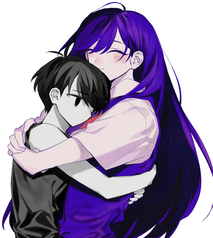 1boy 1girl ahoge antenna_hair bare_arms bare_shoulders black_eyes black_hair black_tank_top blush brother_and_sister closed_eyes closed_mouth collared_shirt colored_skin expressionless hair_behind_ear hair_between_eyes hair_over_one_eye higa423 highres hug long_hair mari_(headspace)_(omori) mari_(omori) no_pupils omori omori_(omori) purple_hair purple_sweater_vest shirt short_hair short_sleeves siblings smile sweater_vest tank_top upper_body white_background white_shirt white_skin