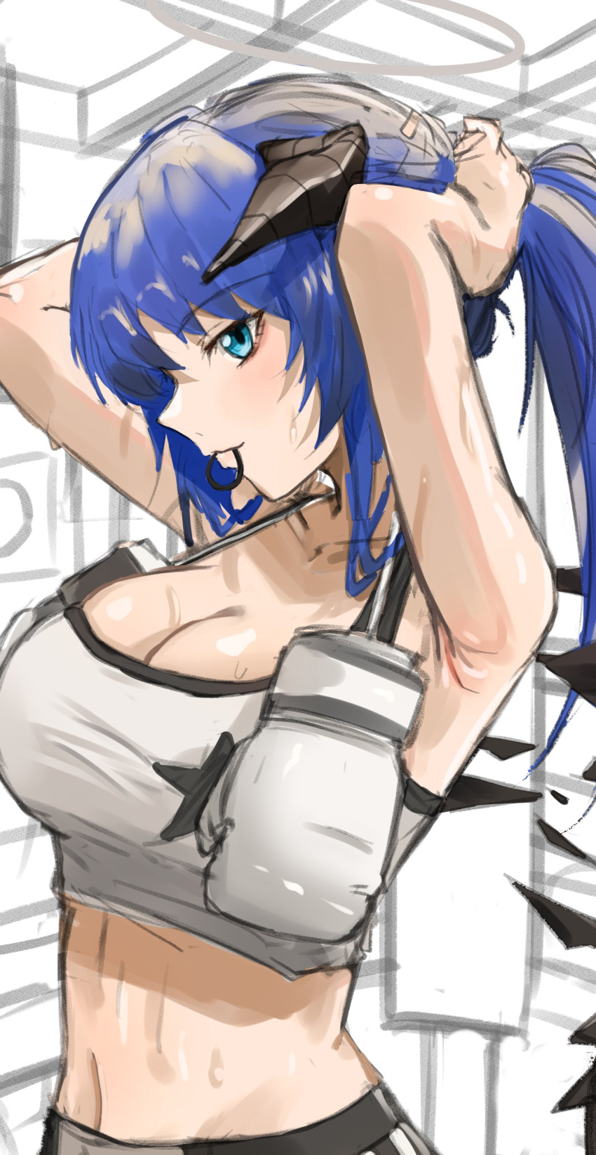 1girl absurdres arknights arms_up blue_eyes blue_hair breasts camisole cleavage commentary_request crop_top hair_tie_in_mouth highres large_breasts long_hair looking_at_viewer midriff mostima_(arknights) mouth_hold navel official_alternate_costume ponytail putcho smile solo spaghetti_strap stomach upper_body