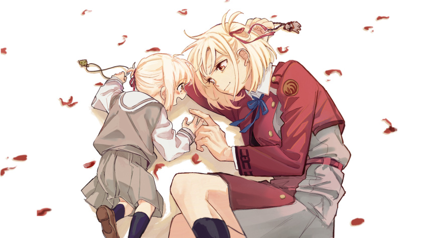 2girls aged_down black_socks blonde_hair blue_ribbon brown_footwear child closed_mouth dress grey_shirt grey_skirt hair_ribbon highres holding kneehighs koyomania long_sleeves lycoris_recoil lycoris_uniform lying medium_hair multiple_girls neck_ribbon nishikigi_chisato on_side one_side_up open_mouth petals pleated_skirt red_dress red_eyes red_ribbon ribbon sailor_collar school_uniform serafuku shirt simple_background skirt smile socks time_paradox white_background white_sailor_collar