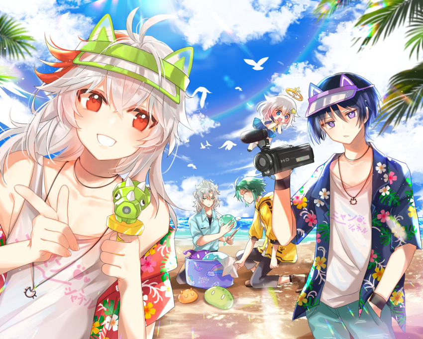 1girl 4boys albedo_(genshin_impact) aqua_shorts blue_eyes blue_jacket camera floral_print genshin_impact green_hair green_hat grey_hair halo highres holding holding_camera holding_water_gun jacket jewelry kaedehara_kazuha long_hair multiple_boys necklace paimon_(genshin_impact) purple_eyes purple_hair red_eyes red_jacket scaramouche_(genshin_impact) shorts skirt slime_(genshin_impact) smile tank_top teeth visor_cap water_gun white_hair white_tank_top xiao_(genshin_impact) xnotchii