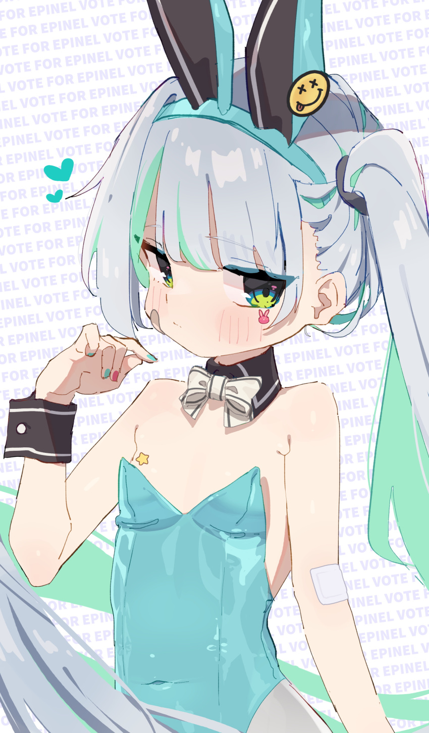 1girl absurdres animal_ears closed_mouth epinel_(nikke) fake_animal_ears flat_chest goddess_of_victory:_nikke green_hair green_leotard green_nails grey_hair heart highres leotard long_hair looking_at_viewer multicolored_hair multicolored_nails pink_nails playboy_bunny rabbit_ears solo standing tiffany_blews upper_body