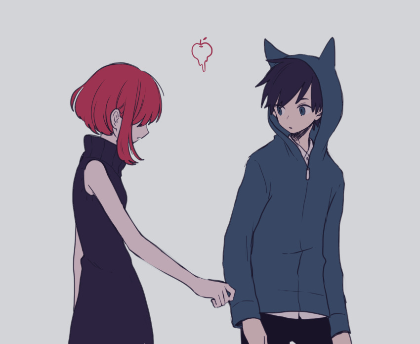 1boy 1girl apple blue_eyes clothes_grab collared_shirt dress fake_horns food fruit hood hood_up hoodie horned_hood horns looking_at_another maco22 original red_hair shirt short_hair sleeve_grab sleeveless sleeveless_dress sweater sweater_dress