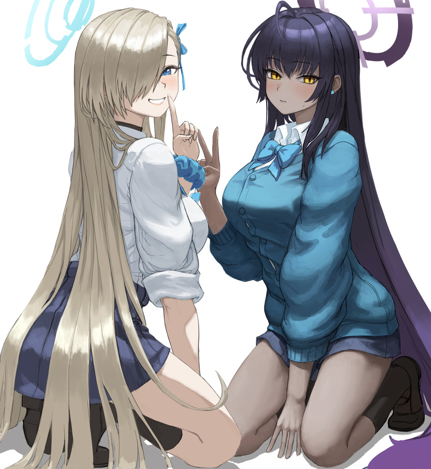 2girls asuna_(blue_archive) black_choker black_hair blonde_hair blue_archive blue_eyes blue_ribbon blue_skirt caffeine500mg cardigan choker hair_over_one_eye halo highres karin_(blue_archive) kneeling multiple_girls ribbon scrunchie shirt skirt turning_head v white_shirt wrist_scrunchie yellow_eyes