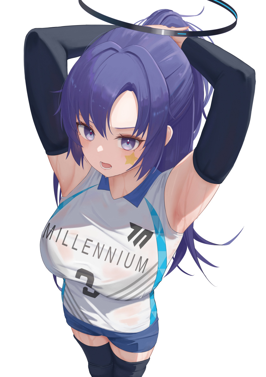 1girl absurdres armpits arms_up black_sleeves black_thighhighs blue_archive blue_shorts blush breasts commentary detached_sleeves foreshortening halo highres large_breasts long_hair long_sleeves looking_at_viewer mechanical_halo pige_pig purple_eyes purple_hair shirt shorts simple_background sleeveless sleeveless_shirt solo star_sticker sticker_on_face sweat thighhighs tying_hair wet wet_clothes white_background yuuka_(blue_archive)