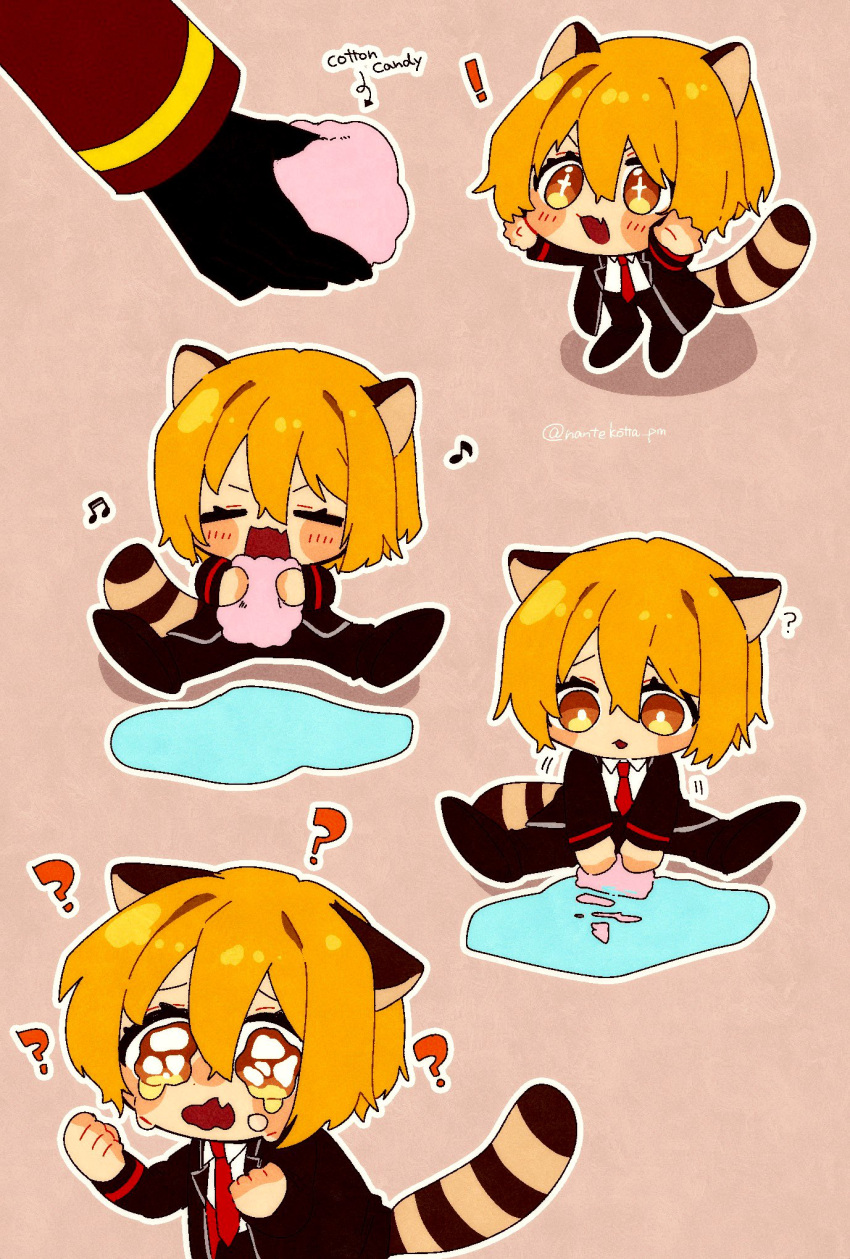 1girl 1other ? animal_ears black_coat black_pants blonde_hair blush coat commentary cotton_candy crying dante_(limbus_company) don_quixote_(project_moon) highres limbus_company long_hair musical_note nantekottawo!! open_mouth pants project_moon raccoon_ears raccoon_tail sitting smile sparkling_eyes tail washing yellow_eyes