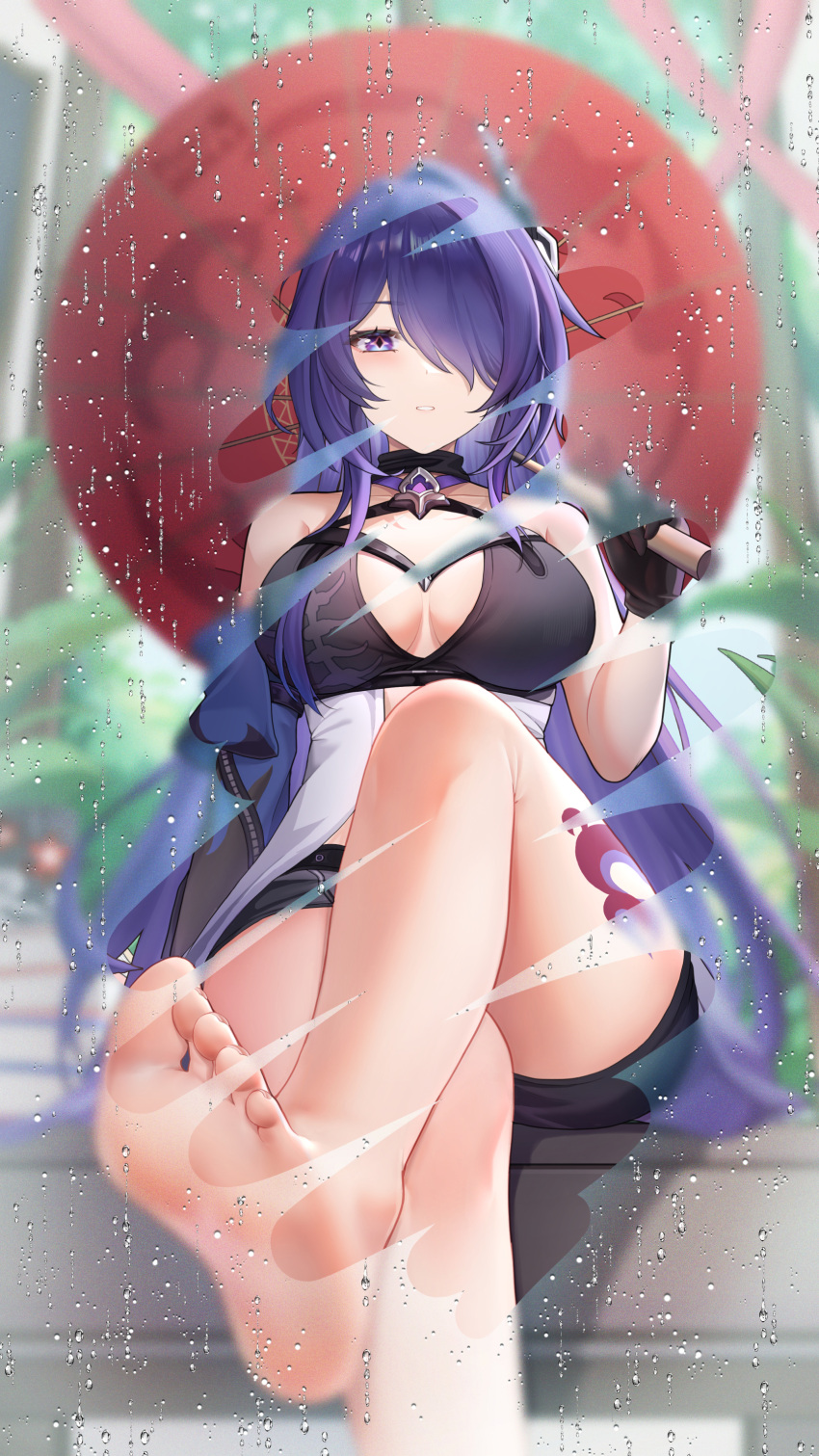 1girl absurdres acheron_(honkai:_star_rail) bare_legs barefoot black_bra black_choker black_shorts bra breasts choker cleavage feet flower highres honkai:_star_rail honkai_(series) leg_tattoo looking_at_viewer pantyhose red_eyes red_flower shorts sitting tattoo umbrella underwear wei_(pixiv53355564) white_hair