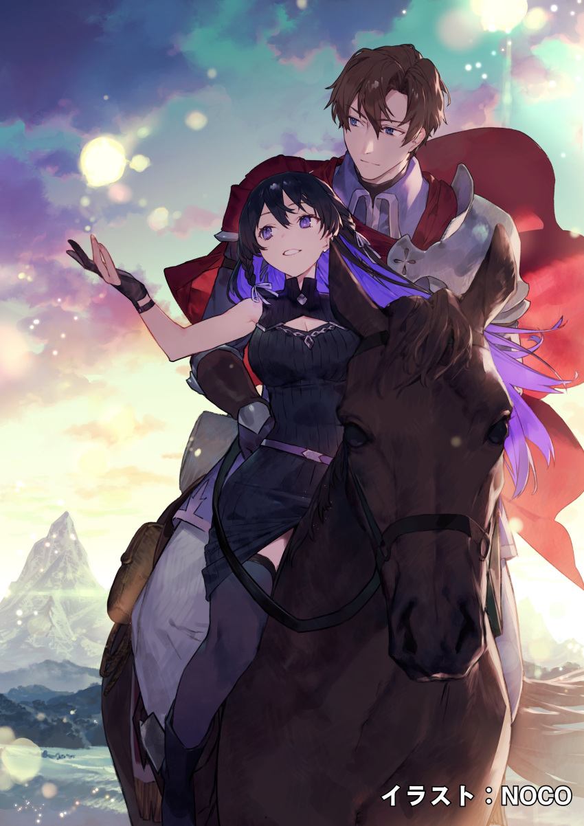 1boy 1girl absurdres black_hair blue_eyes braid breasts brown_bag brown_gloves brown_hair cape cleavage_cutout closed_mouth clothing_cutout colored_inner_hair dress gloves hair_between_eyes highres horseback_riding long_hair looking_to_the_side medium_breasts mountainous_horizon multicolored_hair noco_(adamas) official_art open_mouth oscar_(unnamed_memory) partially_fingerless_gloves purple_dress purple_eyes purple_hair red_cape riding second-party_source short_hair shoulder_pads signature sleeveless sleeveless_dress smile tinasha_(unnamed_memory) two-tone_hair unnamed_memory