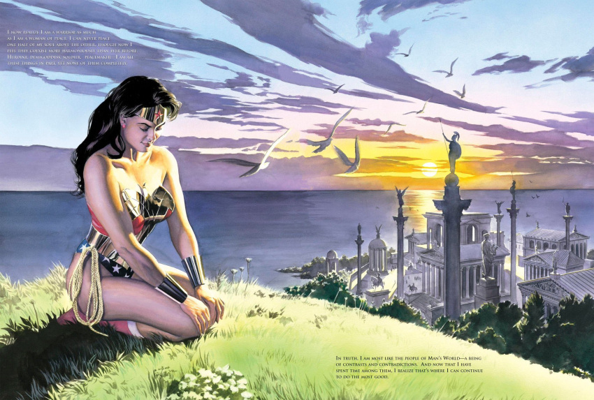 1girl alex_ross bird black_hair boots bracelet breasts dc_comics diadem earrings english_text highleg highleg_leotard highres jewelry leotard medium_breasts medium_hair ocean on_grass solo strapless strapless_leotard sunlight wonder_woman wonder_woman_(series)