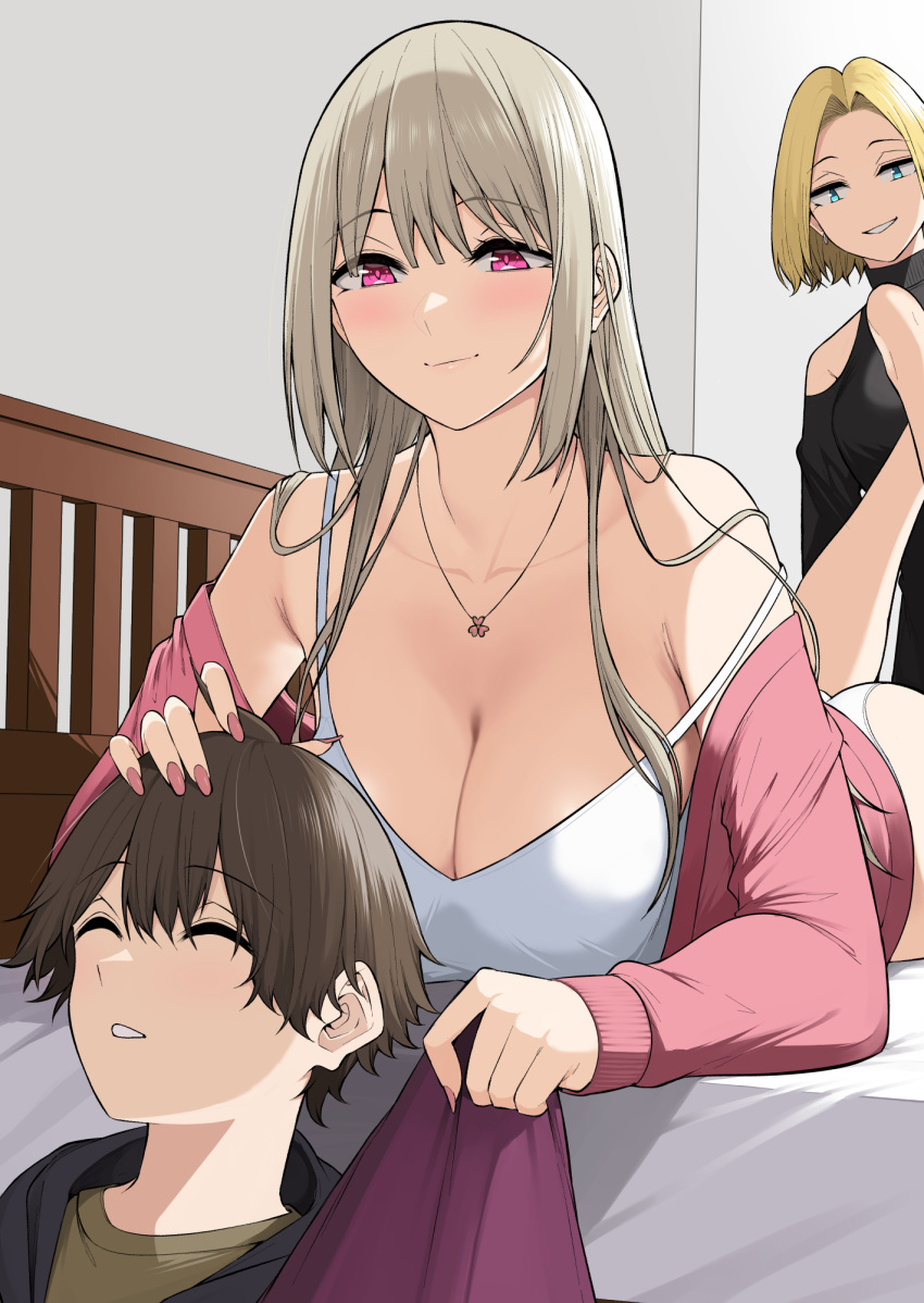 1boy 2girls aqua_eyes bare_shoulders blonde_hair breasts brown_hair cleavage closed_eyes closed_mouth collarbone grey_hair hamazaki_reina highres imaizumi_(imaizumin-chi) imaizumin-chi_wa_douyara_gal_no_tamariba_ni_natteru_rashii jewelry kurumizaka_ruri large_breasts long_hair long_sleeves multiple_girls necklace nori_gorou off_shoulder parted_lips purple_eyes shirt short_hair smile white_shirt