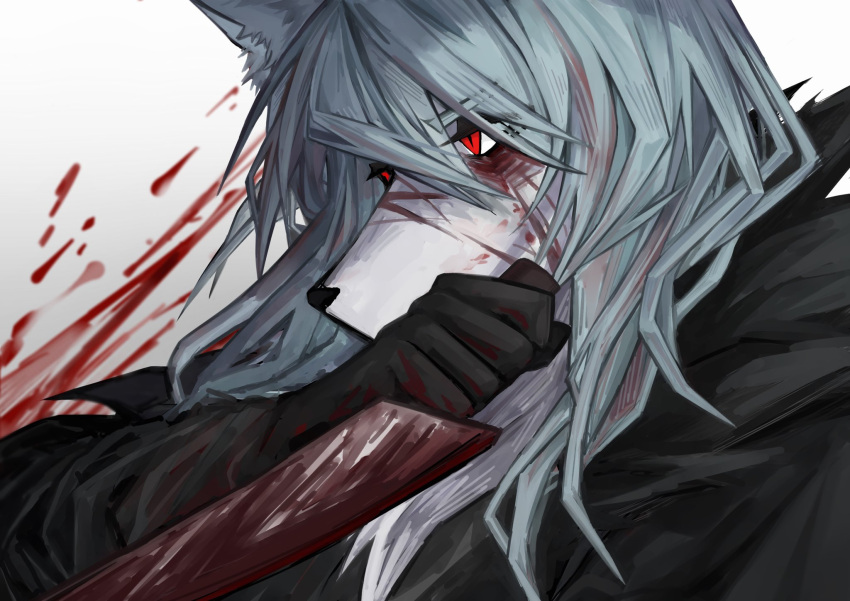 1boy black_coat black_gloves black_souls blood blood_on_clothes blood_on_face blood_on_weapon blood_splatter coat furry furry_male gloves hand_up highres holding holding_knife jack_(black_souls) knife looking_to_the_side mu_blood red_eyes simple_background solo upper_body weapon white_background