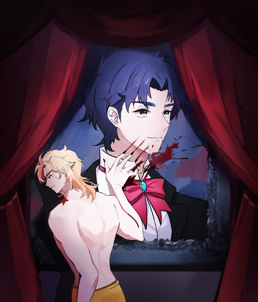 1boy birthmark black_nails blonde_hair blood blood_splatter blue_eyes blue_hair chuchumimipupu commentary_request dio_brando fang fingernails highres joestar_birthmark jojo_no_kimyou_na_bouken jonathan_joestar male_focus phantom_blood portrait_(object) red_curtains scar scar_on_neck scratching sharp_fingernails solo stardust_crusaders topless_male