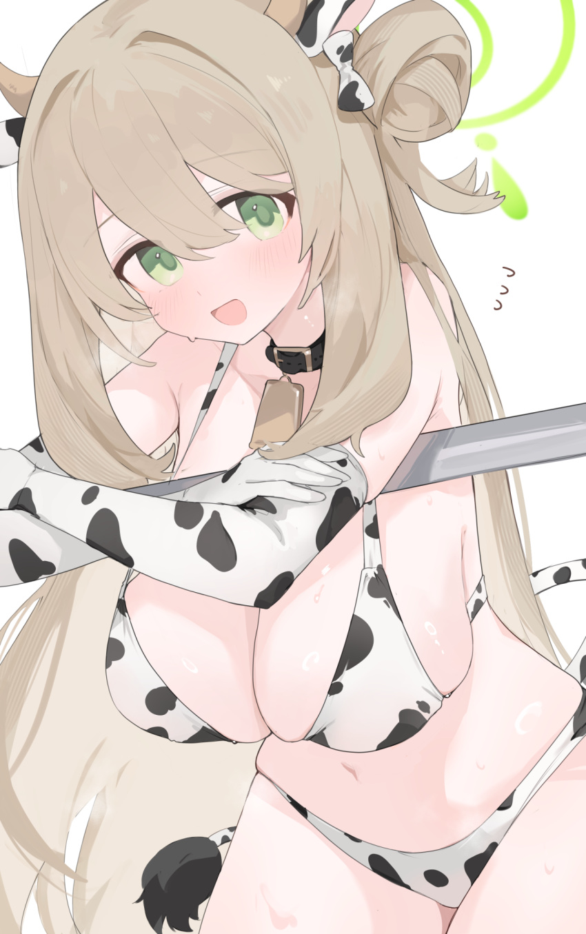 1girl :d alternate_costume animal_ears animal_print bikini blue_archive breasts brown_hair cow_ears cow_horns cow_print cow_print_bikini cow_print_gloves cow_tail elbow_gloves fake_animal_ears fake_horns gloves green_eyes green_halo halo highres horns large_breasts long_hair looking_at_viewer mikozin navel nonomi_(blue_archive) open_mouth print_bikini print_gloves simple_background smile solo swimsuit tail white_background white_bikini white_gloves
