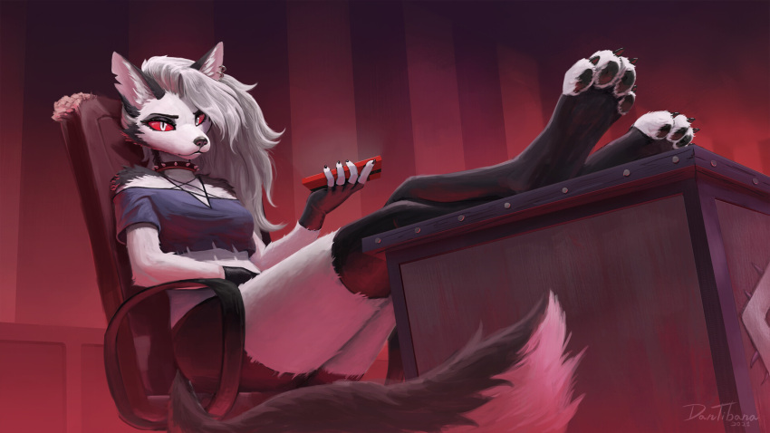 16:9 2021 4_toes anthro biped canid canid_demon canine canis cellphone chair claws clothed clothing counter crossed_legs daniel_tibana demon feet female fully_clothed fur furniture hellhound helluva_boss hi_res leggings legwear looking_at_viewer loona_(helluva_boss) mammal on_chair pawpads paws phone secretary signature sitting sitting_on_chair smartphone solo toe_claws toes widescreen wolf
