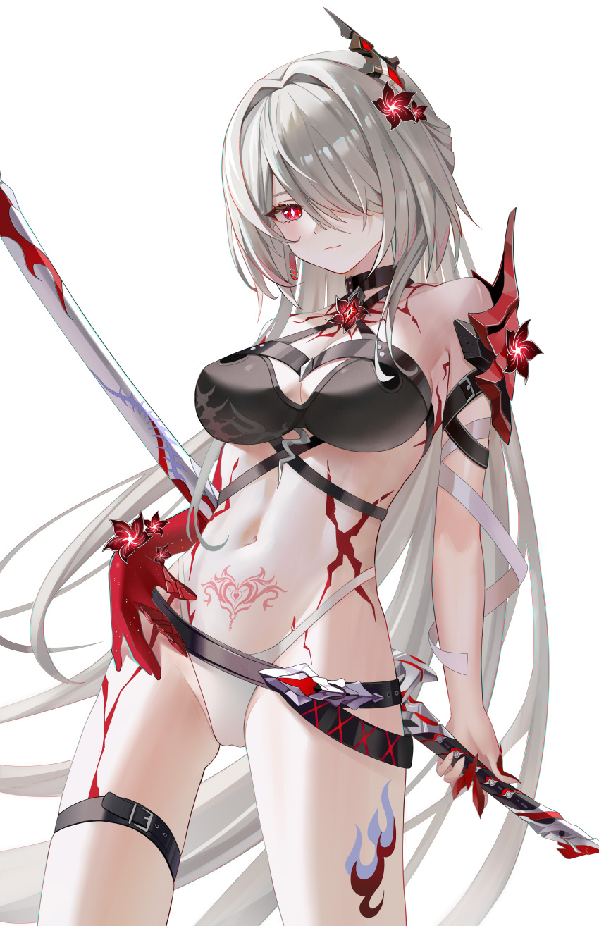 1girl absurdres acheron_(honkai:_star_rail) bare_shoulders belt black_belt black_choker blhazx breasts chinese_commentary choker cleavage commentary_request cowboy_shot flower grey_hair hair_flower hair_intakes hair_ornament hair_over_one_eye halterneck highres holding holding_sword holding_weapon honkai:_star_rail honkai_(series) large_breasts leg_tattoo long_hair looking_at_viewer midriff navel official_alternate_color pubic_tattoo red_eyes red_flower revision scabbard sheath sheathed simple_background solo standing stomach sword tattoo thigh_strap thighs very_long_hair weapon white_background