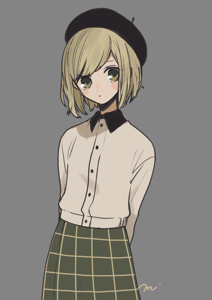 1girl absurdres arms_behind_back beret blonde_hair blush_stickers collared_shirt expressionless green_eyes grey_background hat highres long_sleeves looking_at_viewer maco22 original shirt short_hair skirt solo