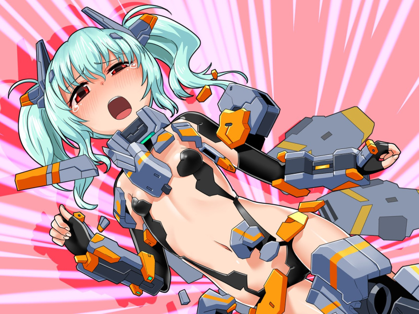 1girl ai_yori_akashi armor blue_hair broken_armor cosmic_break cosmic_break_2 crying crying_with_eyes_open flat_chest headgear highres light_blue_hair mecha_musume navel open_mouth red_eyes rinnie tears teeth torn_clothes twintails upper_teeth_only