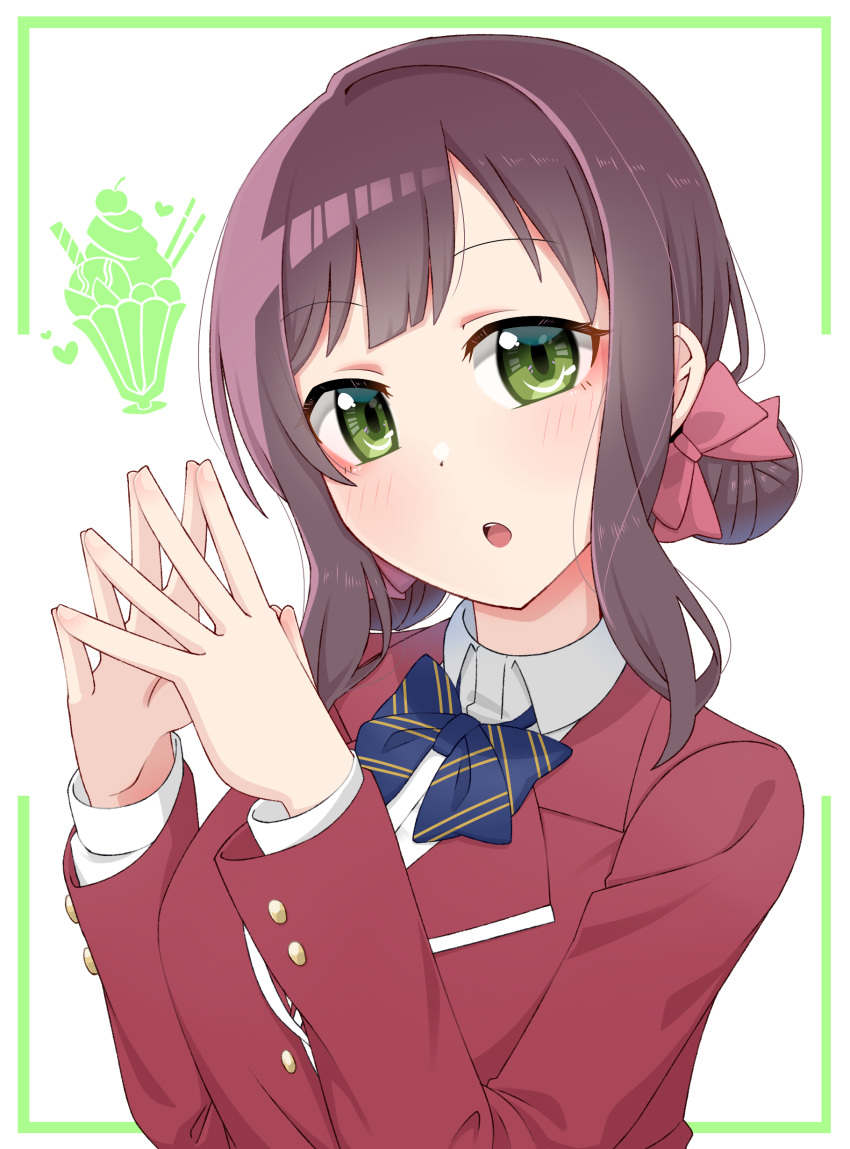 1girl :o absurdres blazer blue_bow blue_bowtie blush border bow bowtie brown_hair collared_shirt commentary diagonal-striped_bow diagonal-striped_bowtie diagonal-striped_clothes dress_shirt green_border green_eyes hair_bun hands_up highres inset_border jacket looking_at_viewer love_live! love_live!_school_idol_musical open_mouth own_hands_together parfait red_jacket shirt short_hair_with_long_locks sidelocks single_hair_bun solo steepled_fingers striped_clothes suzuka_rena swept_bangs teeth tetetsu_(yuns4877) upper_teeth_only white_background white_shirt