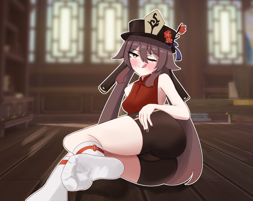 1girl ass bare_shoulders black_hat black_nails black_shorts blush bookshelf brown_hair commentary_request feet flower genshin_impact hair_between_eyes hat highres hu_tao_(genshin_impact) indoors licking_lips long_hair looking_at_viewer on_ground one_eye_closed plum_blossoms red_eyes red_shirt sero shirt shorts sleeveless sleeveless_shirt socks soles solo tongue tongue_out white_socks wooden_floor