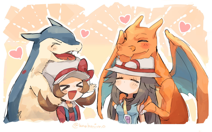 &gt;o&lt; 2girls absurdres blue_overalls blue_shirt brown_hair cabbie_hat charizard closed_eyes english_commentary hat heart highres kash-phia leaf_(pokemon) long_hair lyra_(pokemon) multiple_girls open_mouth overalls pokemon pokemon_(creature) pokemon_frlg pokemon_hgss red_shirt shirt sleeveless sleeveless_shirt twintails twitter_username typhlosion upper_body white_hat