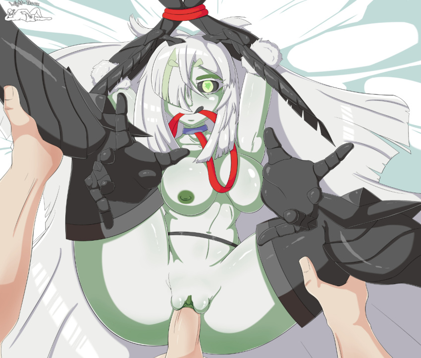 4_arms arthropod big_breasts bound breasts collar duo female from_front_position garter_belt garter_straps hands_above_head humanoid insect juniper_(egocider) lepidopteran long_hairs lying male male/female missionary_position moth multi_arm multi_limb not_furry on_back sex vtuber wight-troox