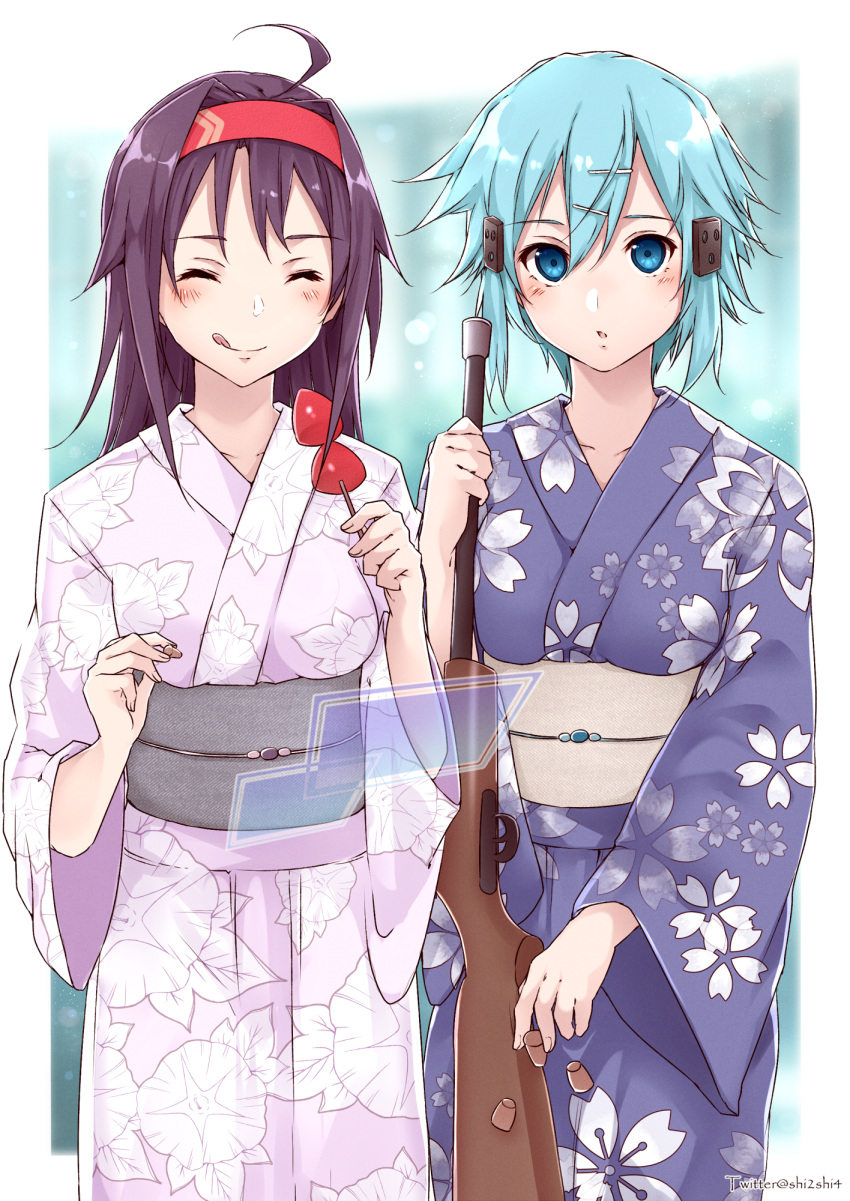 2girls ahoge blue_eyes blue_hair bullet closed_eyes floral_print_kimono food gun hair_ornament hairband highres holding holding_food holding_gun holding_weapon japanese_clothes kimono long_hair long_sleeves looking_at_viewer multiple_girls obi purple_hair red_hairband rifle sash shi-2 short_hair sinon sword_art_online tongue tongue_out twitter_username weapon wide_sleeves yuuki_(sao)