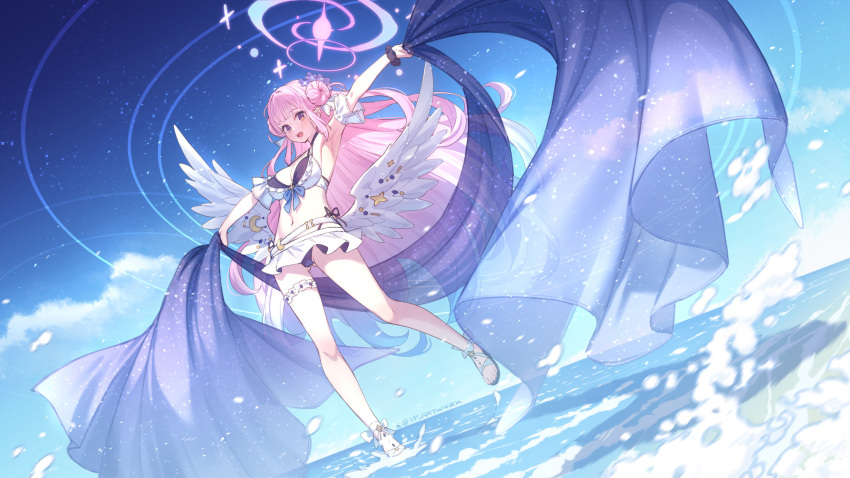 1girl angel_wings armpits bikini blue_archive blush breasts cleavage crescent crescent_pin day feathered_wings hair_bun halo highres large_breasts long_hair looking_at_viewer mika_(blue_archive) open_mouth outdoors pink_hair pink_halo sandals single_side_bun smile solo swimsuit toes twitter_username water white_bikini white_wings wings yellow_eyes yellowpaint.