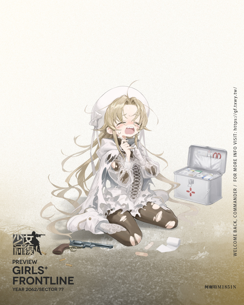 1girl bandages bandaid bandaid_on_cheek bandaid_on_face blonde_hair bow bullet cape character_name colt_m1851n_(girls'_frontline) crying dress first_aid_kit frilled_skirt frills full_body girls'_frontline gun hat highres long_hair looking_at_viewer official_art open_mouth see-through see-through_sleeves sho_(sho_lwlw) sitting skin_tight skirt solo teardrop tears torn_clothes wariza weapon white_cape white_dress white_footwear white_hat