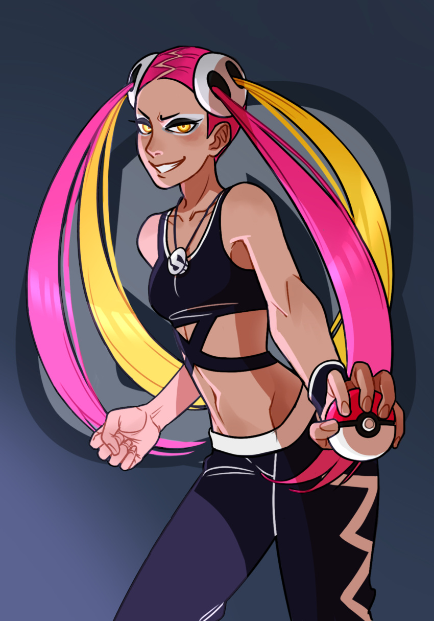 1girl blonde_hair collarbone cowboy_shot eyeshadow highres holding holding_poke_ball jewelry makeup multicolored_hair natalia_baldina necklace pink_hair plumeria_(pokemon) poke_ball poke_ball_(basic) pokemon pokemon_sm quad_tails smirk solo tank_top team_skull teeth two-tone_hair yellow_eyes