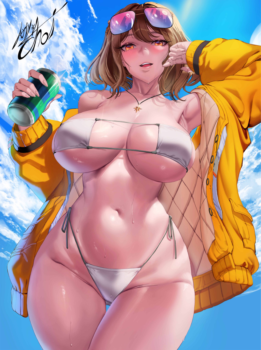 1girl absurdres ahoge anis_(nikke) anis_(sparkling_summer)_(nikke) artychoi aviator_sunglasses bare_shoulders bikini blush breasts breasts_apart brown_hair can collarbone drink_can eyepatch_bikini eyewear_on_head goddess_of_victory:_nikke highres holding holding_can jacket jewelry large_breasts lips looking_at_viewer navel necklace official_alternate_costume open_mouth orange_eyes pink-tinted_eyewear shiny_skin short_hair skindentation smile soda_can solo standing star_(symbol) star_necklace sunglasses sweat swimsuit teeth thighs tinted_eyewear underboob white_bikini yellow_jacket