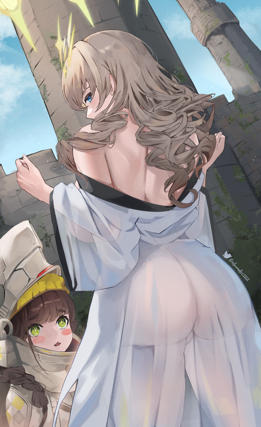 2girls absurdres ass back bare_shoulders blush brown_hair chime_(nikke) commentary crown_(naked_king)_(nikke) crown_(nikke) day elvandec english_commentary from_behind goddess_of_victory:_nikke green_eyes highres long_hair long_sleeves looking_at_another looking_at_viewer looking_back multiple_girls naked_robe off_shoulder official_alternate_costume outdoors parted_lips robe see-through symbol-shaped_pupils thighs twitter_username white_robe