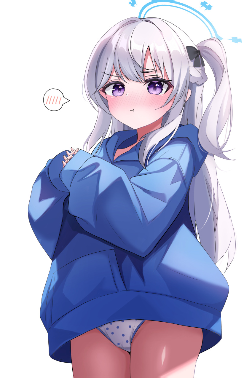 1girl absurdres blue_archive blue_halo blue_hoodie blush braid closed_mouth cowboy_shot drawing_flover grey_hair halo highres hood hood_down hoodie long_hair long_sleeves looking_at_viewer miyako_(blue_archive) miyako_(young)_(blue_archive) one_side_up panties polka_dot polka_dot_panties purple_eyes simple_background solo spoken_blush thighs underwear white_background white_panties