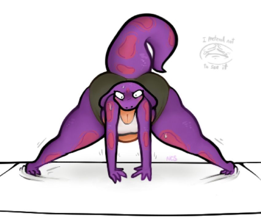 2021 4_fingers anthro barefoot big_butt bodily_fluids bottomwear breasts butt cleavage clothed clothing cobra feet female fingers gym_bottomwear gym_clothing gym_shorts hi_res huge_butt keeshee ncs non-mammal_breasts purple_body reptile scalie shirt shorts snake snake_hood solo spread_legs spreading sweat sweatdrop thick_thighs tight_clothing topwear