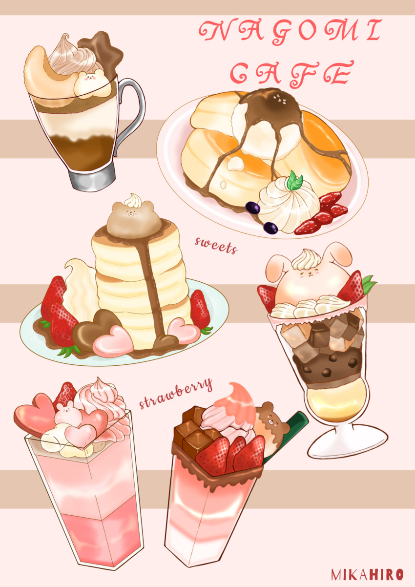 artist_name candy chocolate drinking_straw food food_focus food_name fruit heart heart-shaped_chocolate highres ice_cream mikahiro_food no_humans original pancake parfait souffle_pancake strawberry syrup