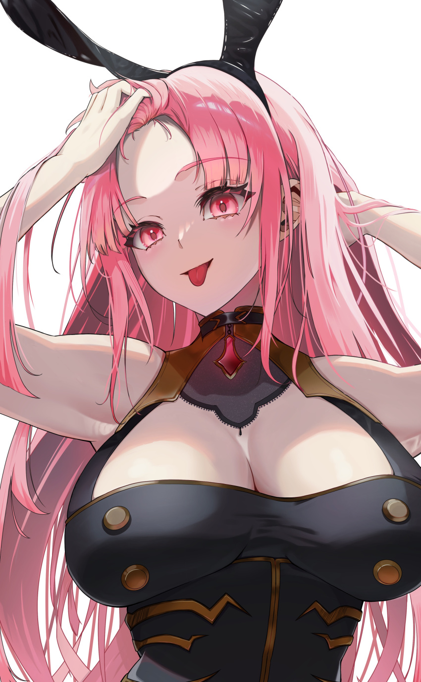 1girl absurdres adapted_costume animal_ears black_leotard blush breasts covered_navel fake_animal_ears h4kuuua_0 highres hololive hololive_english leotard long_hair looking_at_viewer mori_calliope mori_calliope_(1st_costume) pink_eyes pink_hair playboy_bunny rabbit_ears solo strapless strapless_leotard tongue tongue_out upper_body virtual_youtuber