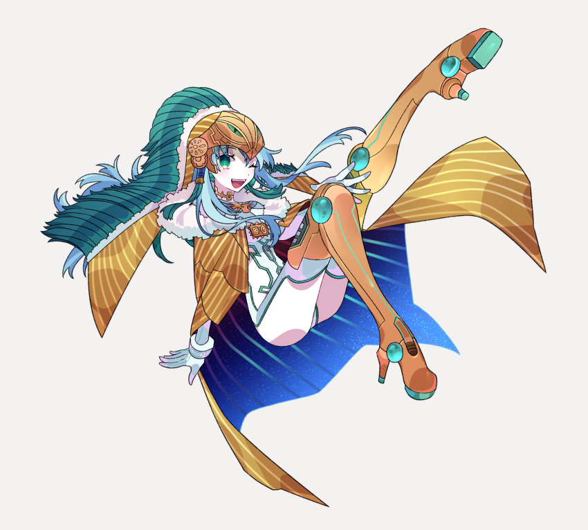 1girl absurdres armored_boots aztec blue_hair boots breasts cape detached_pants fate/grand_order fate_(series) floating floating_cape fur-trimmed_cape fur_trim gloves gold_cape gold_footwear gold_headwear gold_helmet green_eyes green_hair helmet highres kujiramaru kukulkan_(fate) kukulkan_(third_ascension)_(fate) large_breasts leg_armor leg_up long_hair looking_at_viewer multicolored_hair one_eye_closed shrug_(clothing) sidelocks simple_background smile solo thighhighs thighhighs_under_boots