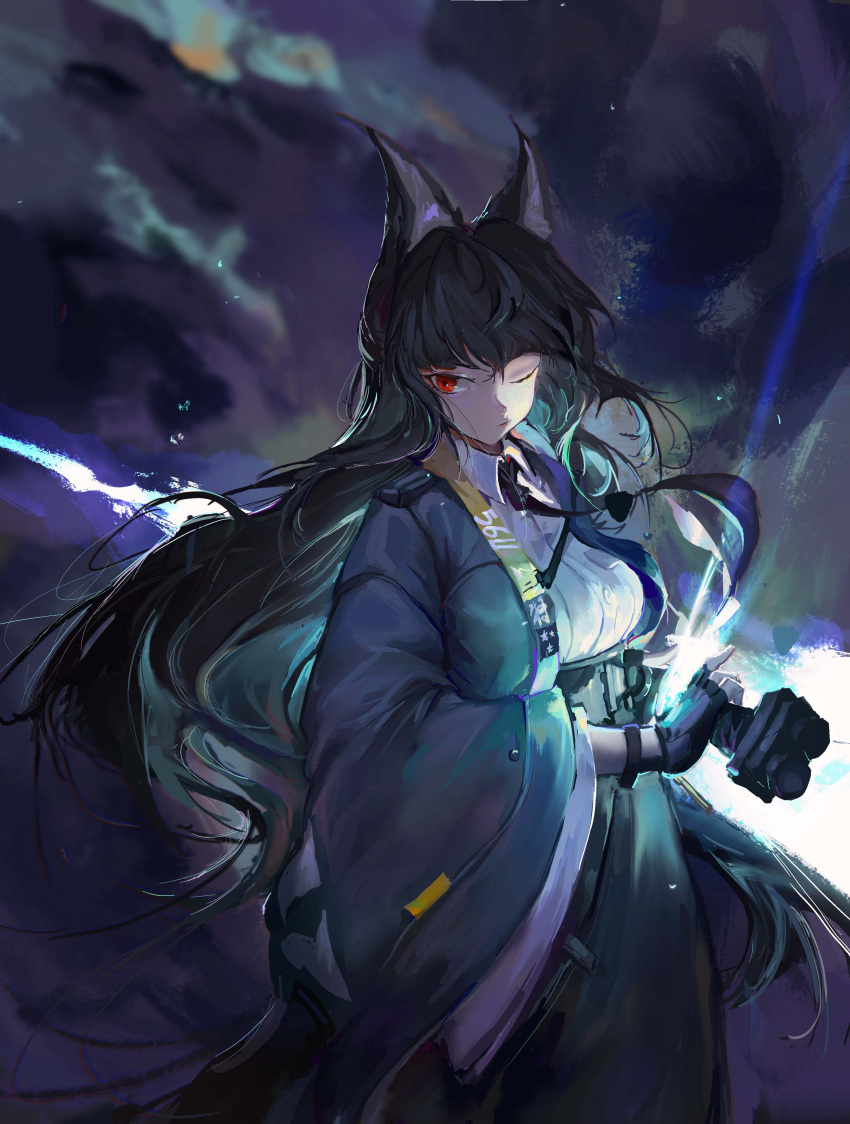 1girl absurdres animal_ear_fluff animal_ears aqua_jacket black_gloves black_hair black_necktie black_skirt breasts closed_mouth collared_shirt commentary_request cowboy_shot drawing_sword fox_ears furioso gloves hair_between_eyes high-waist_skirt highres holding holding_sword holding_weapon hoshimi_miyabi jacket large_breasts long_hair long_skirt looking_ahead necktie one_eye_closed open_clothes open_jacket red_eyes sheath shirt sidelocks skirt solo standing sword unsheathing very_long_hair weapon white_shirt wide_sleeves zenless_zone_zero