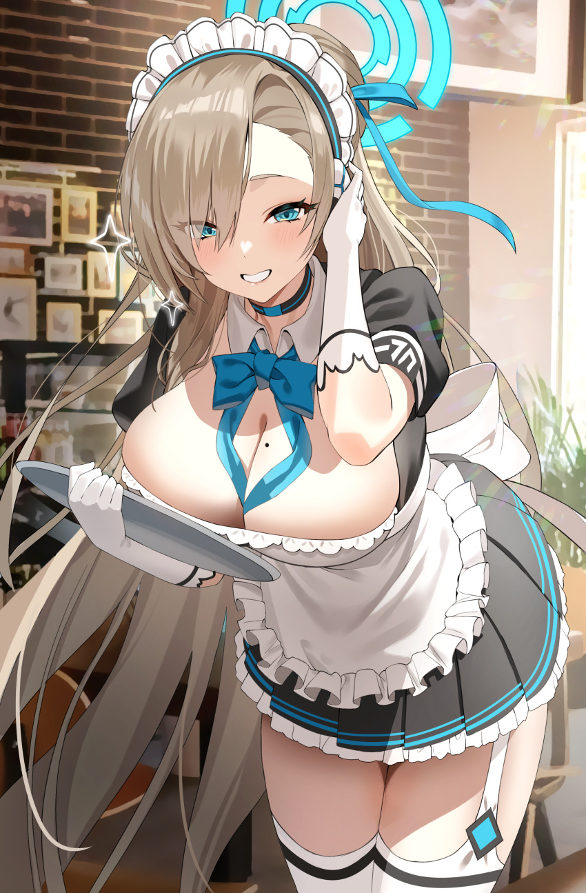 1girl absurdres apron asuna_(blue_archive) asymmetrical_bangs blonde_hair blue_archive blue_bow blue_bowtie blue_eyes blue_ribbon blush bow bowtie breasts cleavage commentary cowboy_shot detached_collar dress elbow_gloves gloves hair_over_one_eye hair_ribbon halo highres holding holding_tray indoors large_breasts leaning_forward light_brown_hair livy_atan long_hair looking_at_viewer maid maid_apron maid_headdress mole mole_on_breast ribbon short_sleeves skirt smile solo standing thighhighs thighs traditional_bowtie tray very_long_hair white_apron white_gloves