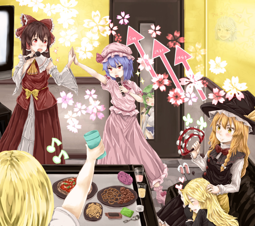 +_+ 6+girls :d animal_ears arrow_(symbol) ascot azusa_(cookie) bangs black_capelet black_headwear black_skirt black_vest blonde_hair bow bowtie braid breasts brown_hair capelet commentary_request cookie_(touhou) cross cup detached_sleeves door eyewear_on_head facepaint food frilled_hat frilled_shirt_collar frilled_skirt frills full_body genpatsu_(cookie) green_hair haiperion_buzan hair_between_eyes hair_bow hakurei_reimu hat highres hisui_(cookie) holding holding_microphone indoors instrument izayoi_sakuya kanna_(cookie) karaoke kirisame_marisa kochiya_sanae lap_pillow large_breasts long_hair long_skirt microphone multiple_girls music musical_note niconico_id one_eye_closed open_mouth palms_together paseri_(cookie) pink_shirt pink_skirt pizza plate purple_hair rabbit_ears red_bow red_bowtie red_eyes red_shirt red_skirt rei_(cookie) reisen_udongein_inaba remilia_scarlet sakura_(cookie) shirt side_braid singing single_braid sitting skirt sleeveless sleeveless_shirt smile standing sunglasses tambourine the_chicken_that_appears_in_the_middle_of_cookie tile_floor tiles touhou uzuki_(cookie) vest white_sleeves witch_hat yellow_ascot yellow_bow