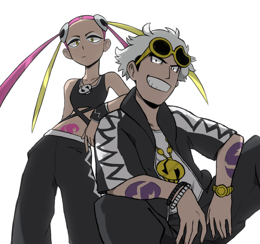 1boy 1girl arm_tattoo black_jacket blonde_hair collarbone commission do9bessa eyeshadow guzma_(pokemon) jacket jewelry looking_at_viewer makeup midriff multicolored_hair necklace pink_hair plumeria_(pokemon) pokemon pokemon_sm quad_tails simple_background sunglasses tattoo team_skull two-tone_hair watch white_background white_hair wristwatch yellow_eyes