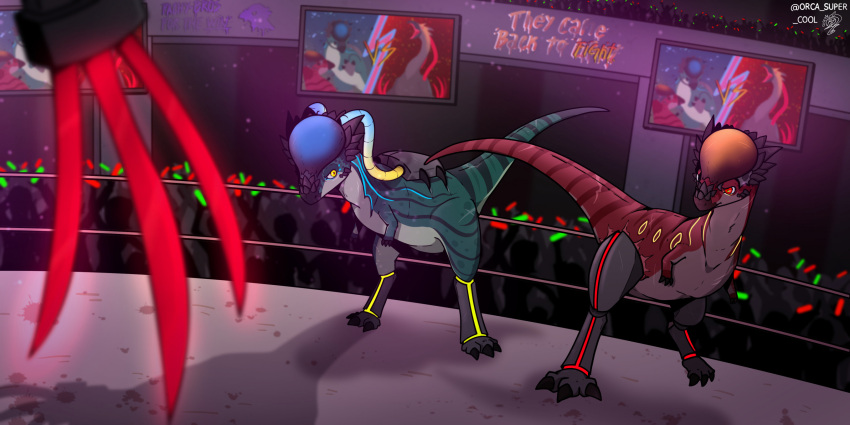 2023 ambiguous_gender arena blue_body blue_scales claw_(weapon) cybernetics cyborg detailed_background digital_drawing_(artwork) digital_media_(artwork) dinosaur electronics feral hi_res inside machine melee_weapon neon_lights orcakingu ornithischian pachycephalosaurid pachycephalosaurus red_body red_eyes red_scales reptile scales scalie scar shadow television watermark weapon yellow_eyes