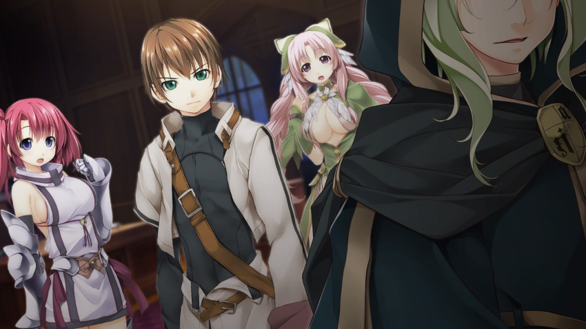 2boys 2girls alto_travers armored_gloves atelier-moo bare_shoulders belt blue_eyes braid breasts brown_hair cleavage cloak closed_mouth curtained_hair detached_sleeves green_eyes green_hair hair_between_eyes highres hood hooded_jacket jacket large_breasts long_hair long_sleeves merak_yildis multiple_boys multiple_girls narrow_waist nina_lazydaisy non-web_source open_mouth pink_eyes pink_hair red_hair short_hair side_ponytail sideboob skirt spica_celest standing surprised twin_braids v-shaped_eyebrows very_long_hair wizards_symphony