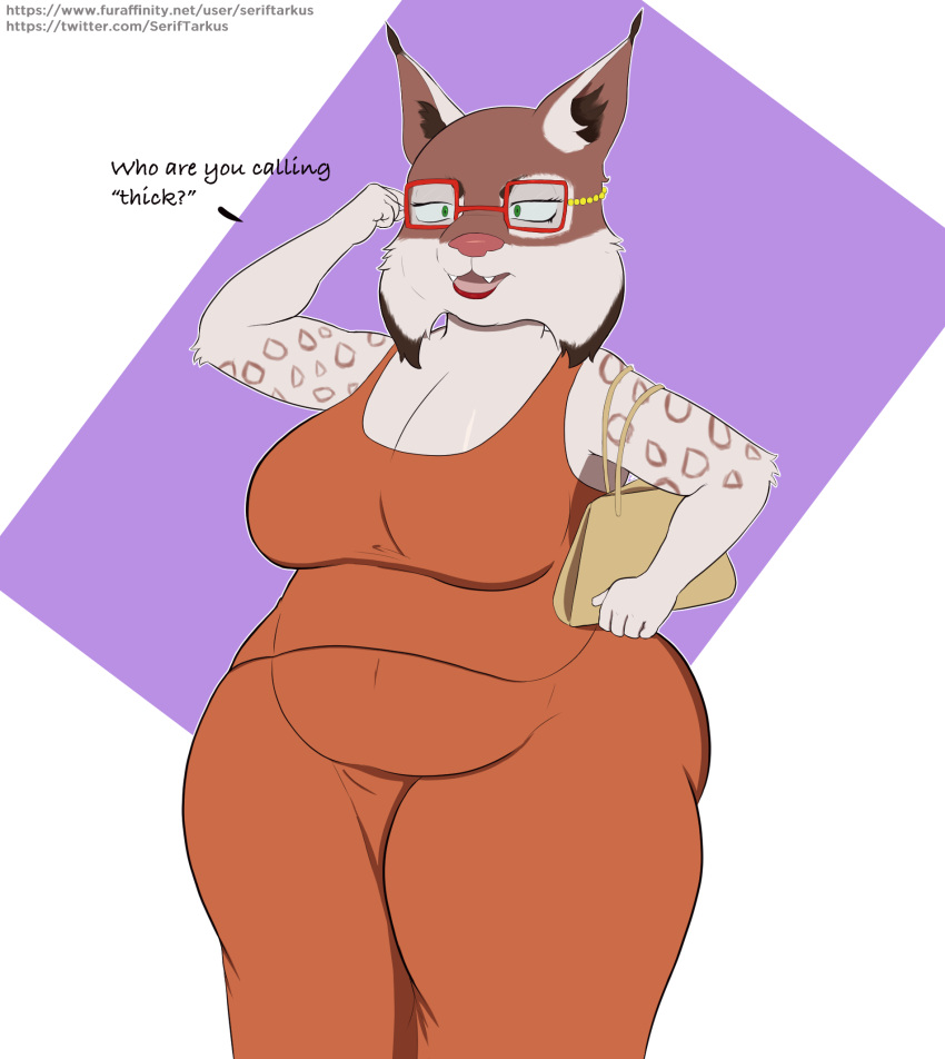 anthro big_breasts big_butt breasts butt clothed clothing dialogue dress eyewear felid feline female fur fur_markings glasses hi_res lynx mammal markings mature_female orange_clothing orange_dress overweight overweight_female purse red_eyewear red_glasses seriftarkus solo tan_body tan_fur text thick_thighs wide_hips