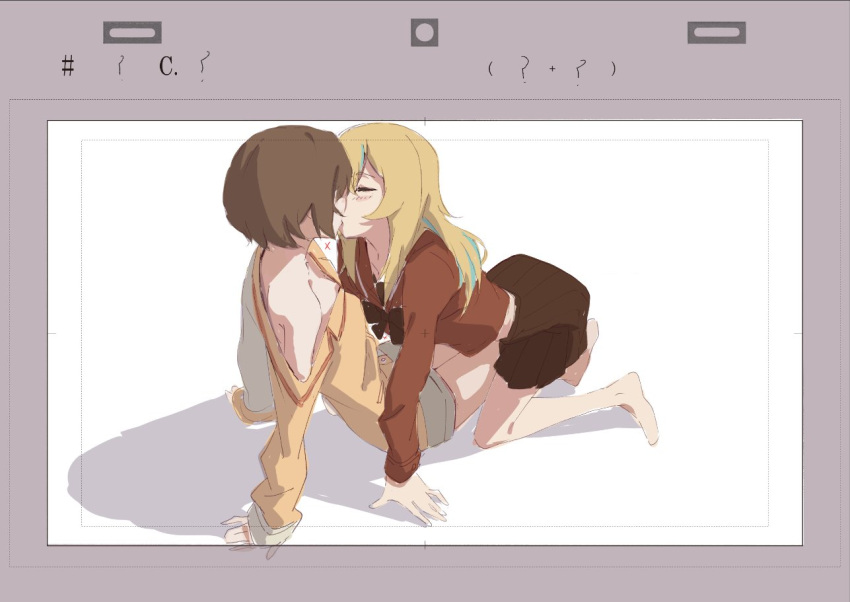 2girls barefoot blonde_hair blush bow bowtie brown_bow brown_bowtie brown_hair brown_sailor_collar brown_shirt brown_skirt closed_eyes commentary dress_shirt green_hair grey_shorts kiss kouzuki_mahiru long_hair midriff multicolored_hair multiple_girls off_shoulder pajamas sailor_collar school_uniform shirt short_hair shorts skirt streaked_hair symbol-only_commentary yamanouchi_kano yao_(yaocccc98) yellow_shirt yoru_no_kurage_wa_oyogenai yuri