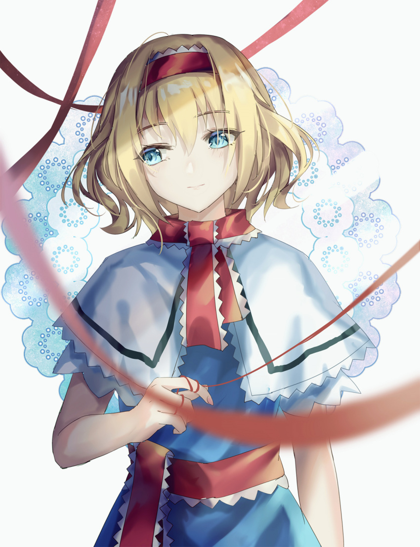 1girl akinomiya_asuka alice_margatroid blonde_hair blue_dress blue_eyes capelet commentary_request dress facing_viewer foreshortening hairband highres lolita_hairband looking_to_the_side medium_hair red_hairband red_ribbon ribbon short_sleeves smile solo touhou upper_body white_background white_capelet