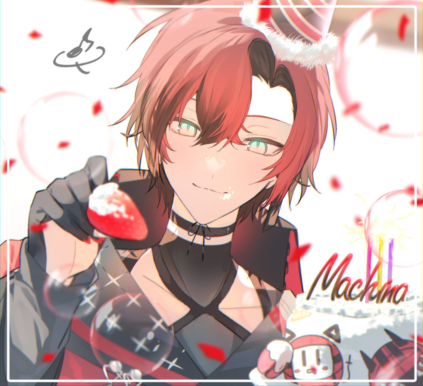 1boy birthday_cake bishounen black_choker cake choker closed_mouth food fork fruit hat highres holding holding_fork holostars holostars_english incoming_food looking_at_viewer machina_x_flayon male_focus party_hat red_hair short_hair simple_background solo strawberry upper_body white_background xmayo0x