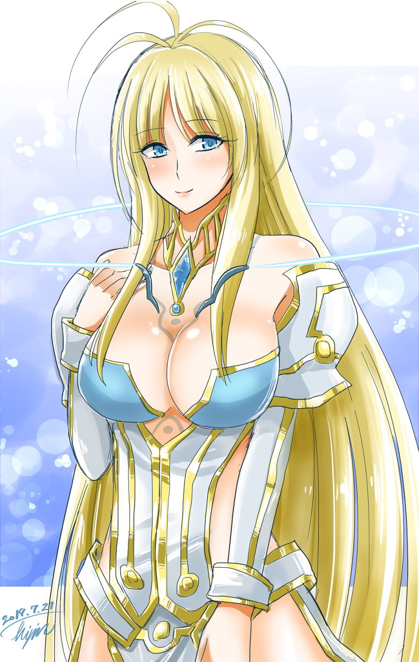 1girl antenna_hair blonde_hair blue_eyes breasts cleavage closed_mouth core_crystal_(xenoblade) dated detached_sleeves dress highres hisin large_breasts long_hair looking_at_viewer pelvic_curtain signature smile solo very_long_hair vess_(xenoblade) white_dress white_sleeves xenoblade_chronicles_(series) xenoblade_chronicles_2