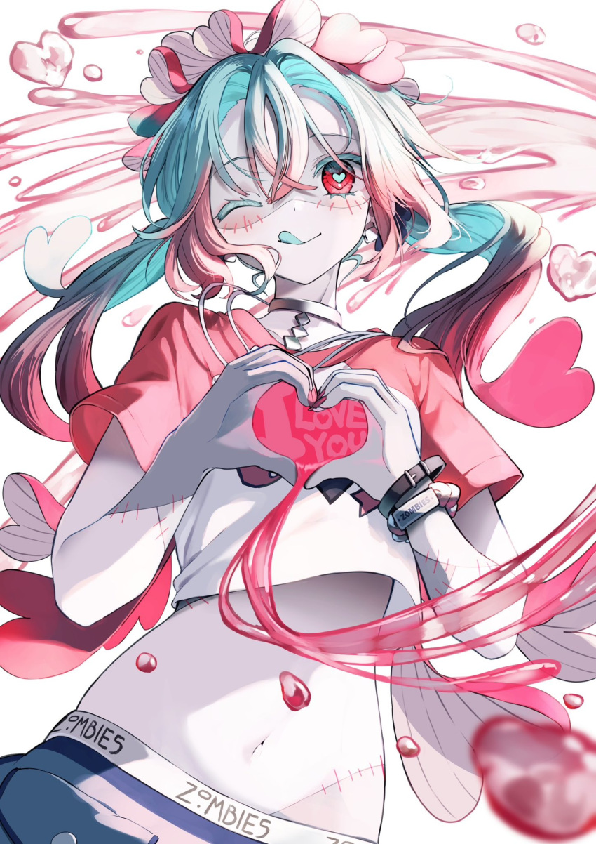 1girl ;q blue_hair blue_shorts closed_mouth colored_eyelashes commentary_request crop_top gradient_hair hair_between_eyes hands_up hatsune_miku heart heart-shaped_pupils heart_hands highres long_hair looking_at_viewer midriff multicolored_hair nail_polish navel one_eye_closed pentagon_(railgun_ky1206) red_eyes red_hair red_nails shirt short_sleeves shorts smile solo symbol-shaped_pupils tongue tongue_out twintails very_long_hair vocaloid white_background white_shirt zombie zombie_(vocaloid)