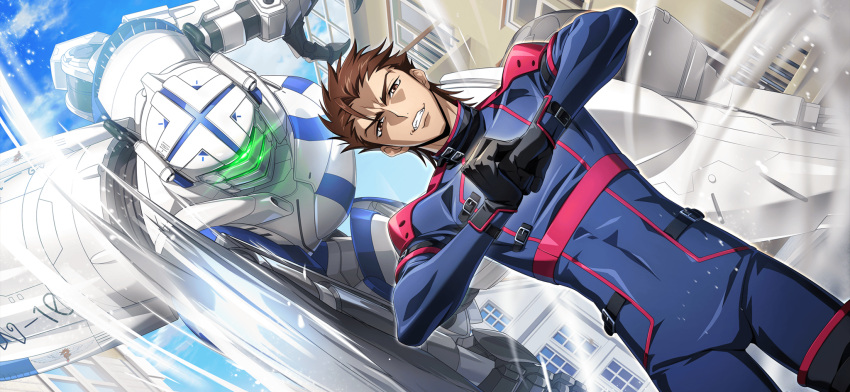 1boy alexander_type-02 artist_request blue_bodysuit blue_sky bodysuit brown_eyes brown_hair clenched_hand cloud code_geass code_geass:_lost_stories covered_navel cowboy_shot cracking_knuckles day dust dutch_angle forehead game_cg grin hands_up happy highres looking_at_viewer male_focus mecha non-web_source official_art outdoors own_hands_together robot sayama_ryou short_hair skin_tight sky smear_frame smile solo spiked_hair standing teeth v-shaped_eyebrows