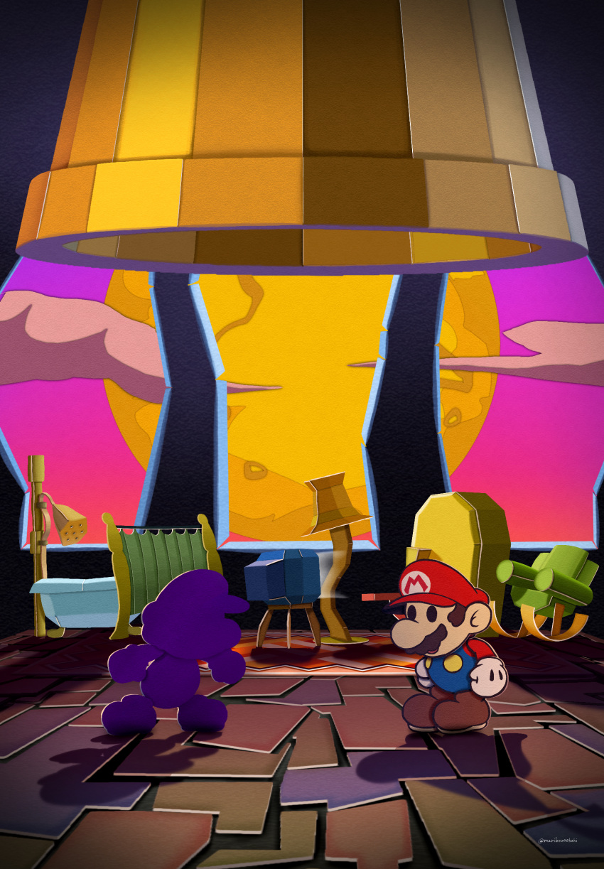 2boys bathtub bell boots brown_footwear chair cloud doopliss facial_hair full_moon gloves hat highres lamp male_focus maribou_(supermaribou) mario mario_(series) moon multiple_boys mustache paper_mario paper_mario:_the_thousand_year_door rocking_chair shadow sky standing television white_gloves